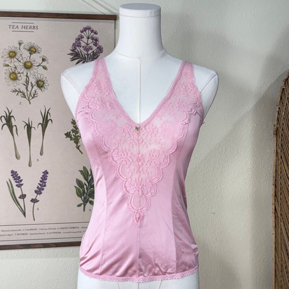 Vintage 70s 80s Nylon Floral Lace Cami Top Coquette Dolly Balletcore Romantic S